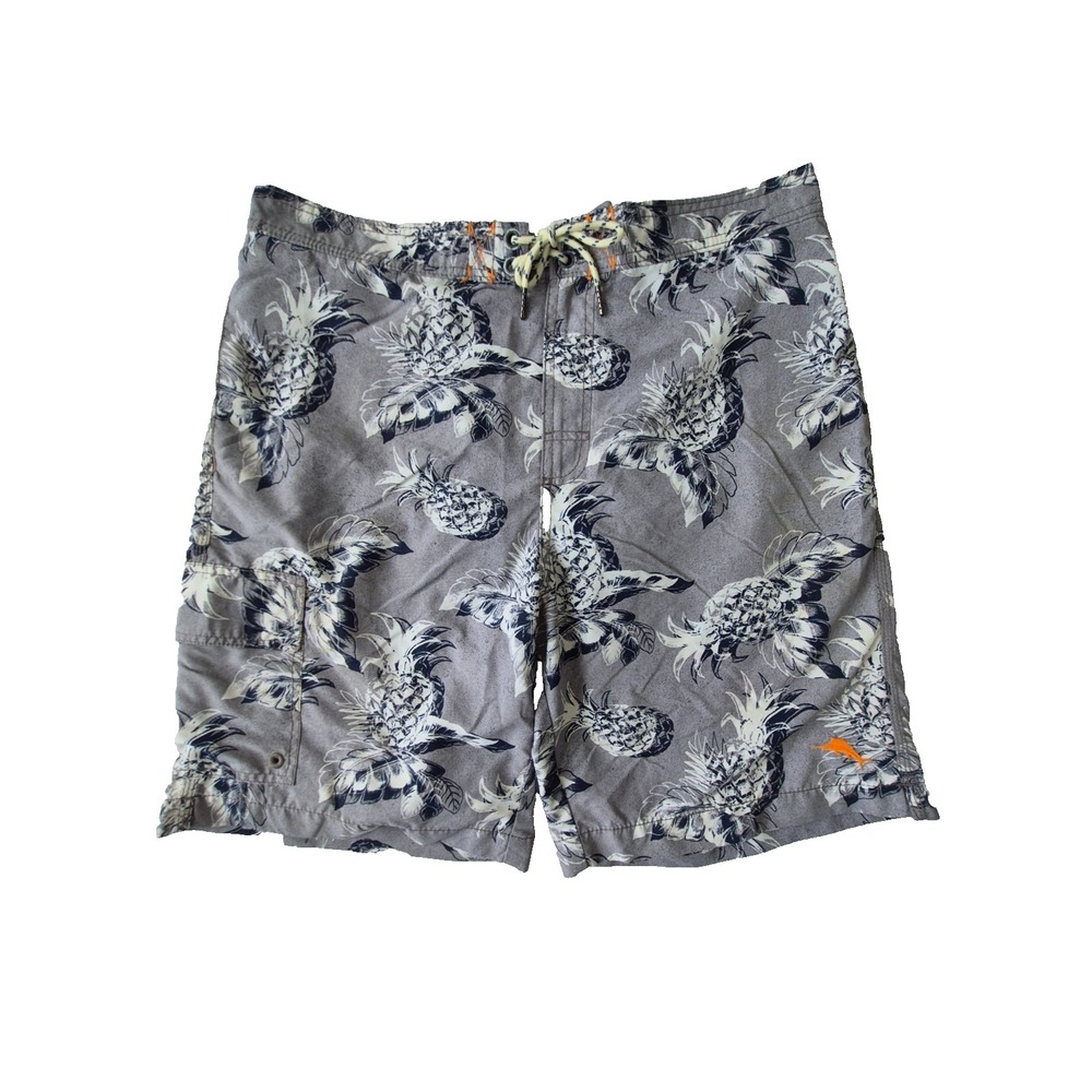 Tommy Bahama Relax Pineapple Print Swim Trunks Mens Large Gray Blue Board Shorts